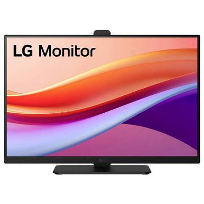 LG-Monitor-Bildschirm mit einem mehrfarbigen abstrakten Wellenmuster.