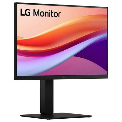 LG-Monitor mit elegantem schwarzem Ständer, der ein farbenfrohes abstraktes Wellendesign auf dem Bildschirm aufweist.
