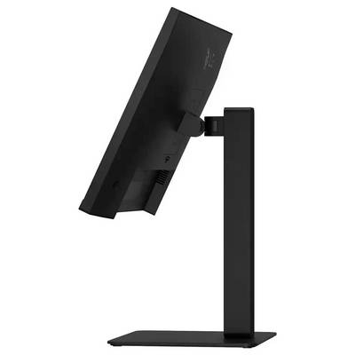 Eine Seitenansicht eines schwarzen Computermonitors auf einem Ständer, leicht nach hinten geneigt, die das elegante Design und die Verstellmöglichkeit zeigt.