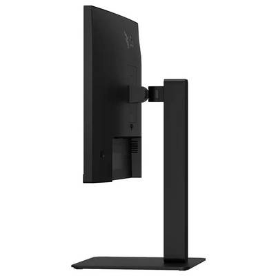 Seitenansicht eines schwarzen Computermonitors auf einem rechteckigen Ständer, der eine verstellbare Neigung und ein schlankes, modernes Design zeigt.