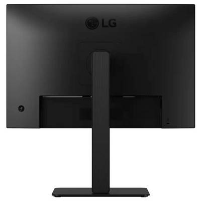 Das Bild zeigt die Rückansicht eines LG-Computermonitors mit einem rechteckigen Ständer und einem schlanken, minimalistischen Design.
