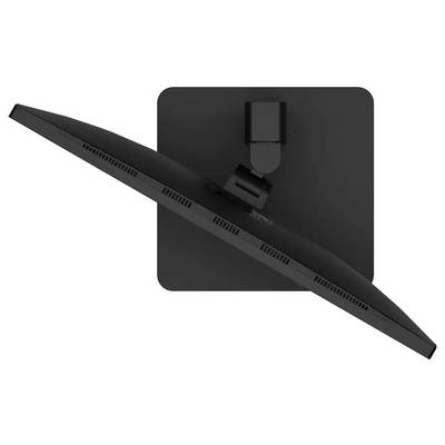 Luftaufnahme eines schwarzen Computermonitors, der auf einem quadratischen Ständer in einem Winkel geneigt ist, wobei die Rück- und Seitenbelüftungsöffnungen zu sehen sind.