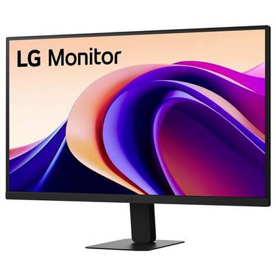 LG-Monitor, der abstrakte farbenfrohe Wellen in Rosa, Violett und Blau zeigt.