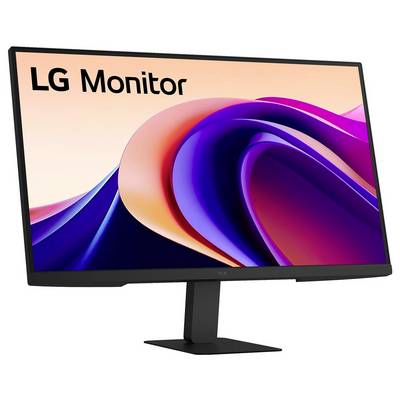 LG-Monitor mit elegantem Design, zeigt einen bunten abstrakten Hintergrund auf dem Bildschirm.