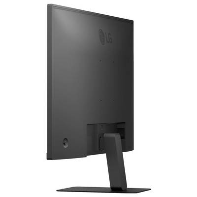 Rückansicht eines schwarzen Monitors mit einem minimalistischen Ständer, auf dem das LG-Logo zu sehen ist.
