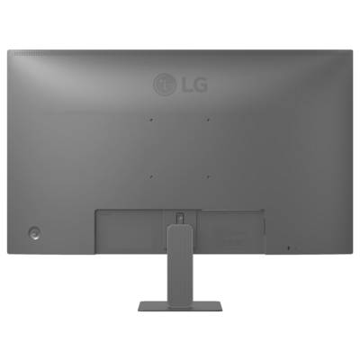 Das Bild zeigt die Rückansicht eines LG-Monitors mit grauer Oberfläche, ausgestattet mit einem rechteckigen Ständer und Wandmontage-Löchern.