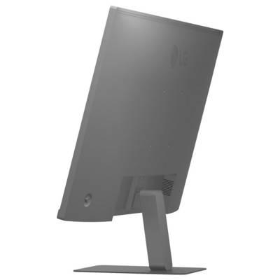 Eine Seitenansicht eines Flachbildschirm-Computermonitors auf einem Ständer, der das Rückpanel mit einem dezenten Markenlogo und einem Einschaltknopf zeigt.