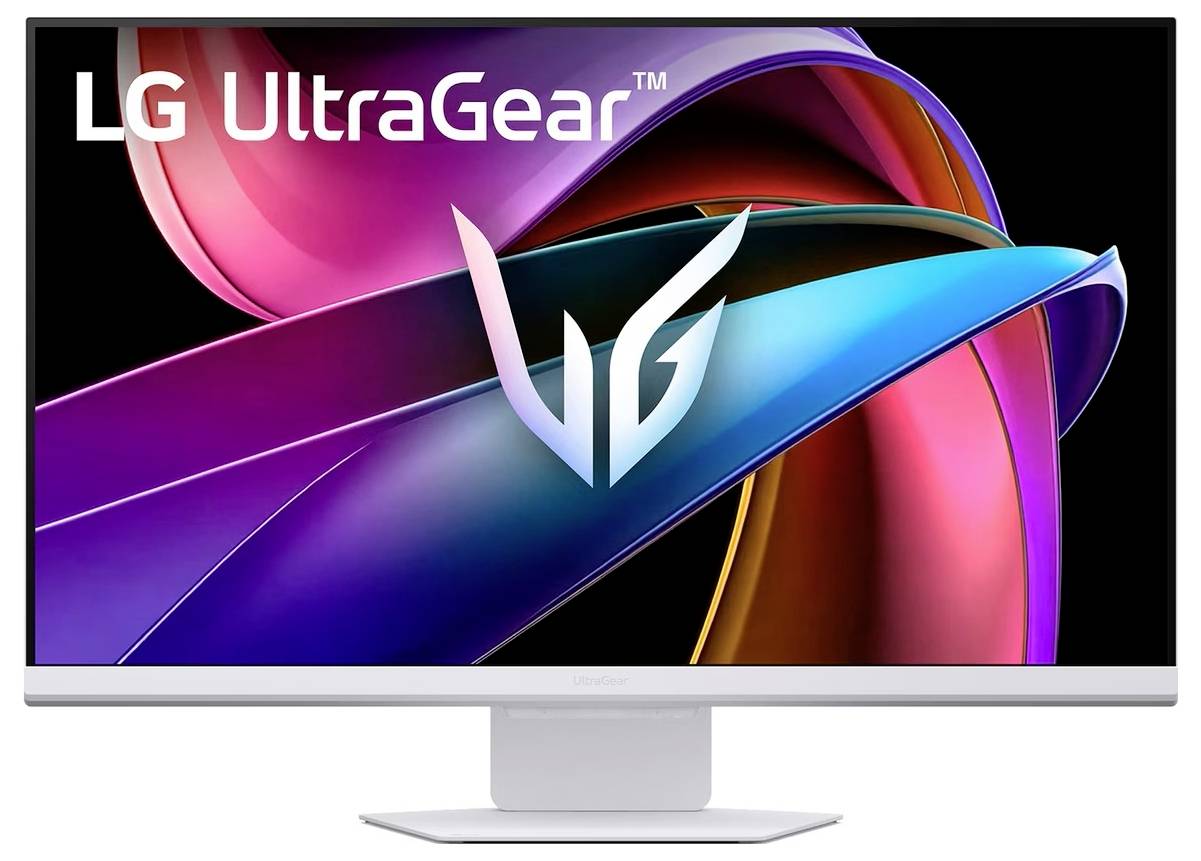 LG UltraGear Monitor mit geschwungenem, elegantem Design auf dem Bildschirm, prominent das UltraGear-Logo in der Mitte präsentierend.