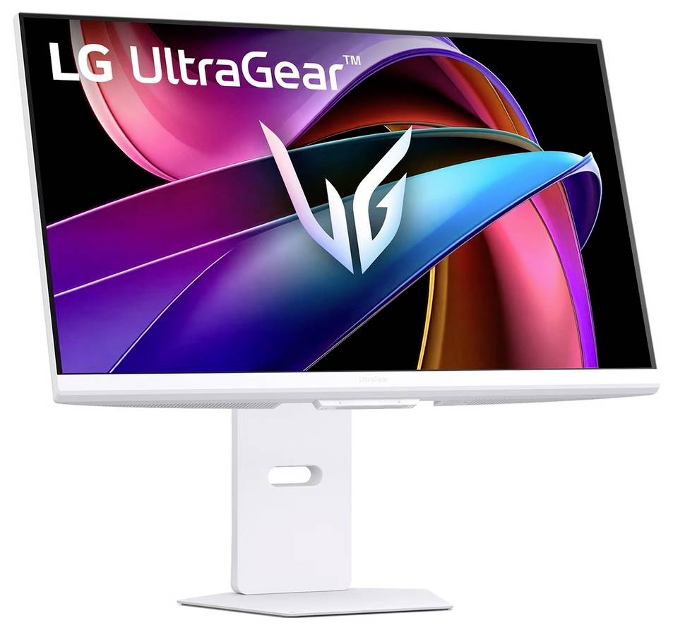 LG UltraGear Monitor mit elegantem weißem Design, der ein farbenfrohs abstraktes Bild mit dem 'VG' Logo in der Mitte zeigt.