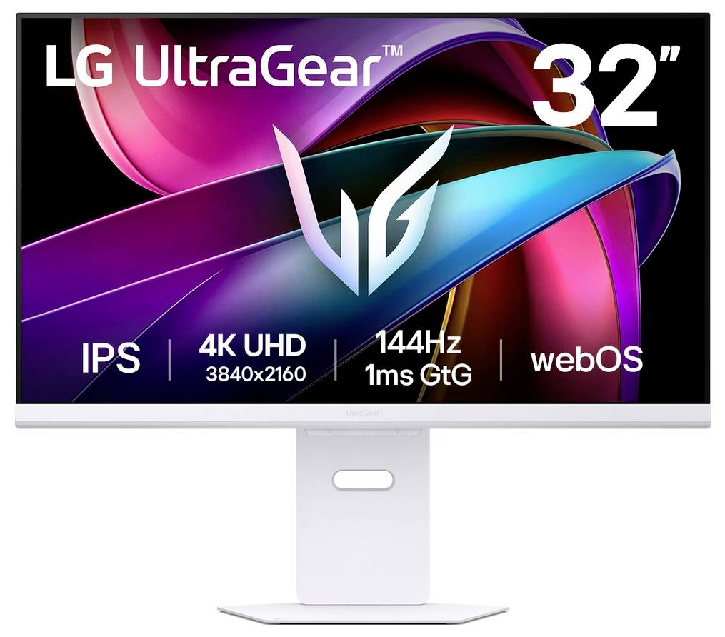 LG UltraGear 32-Zoll-Monitor mit IPS-Panel, 4K UHD-Auflösung (3840x2160), 144 Hz Bildwiederholrate, 1 ms Reaktionszeit und webOS.