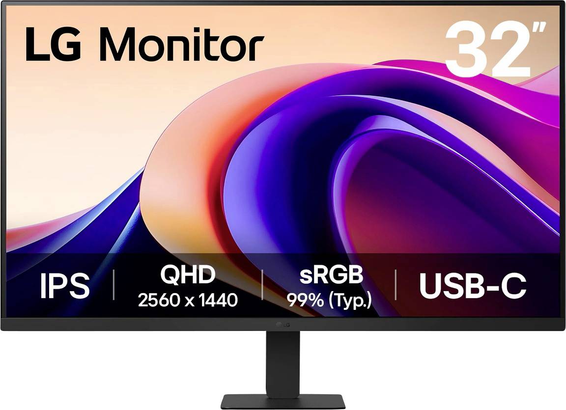 Ein 32-Zoll-LG-Monitor, der Text zeigt: "IPS, QHD 2560 x 1440, sRGB 99% (Typ.), USB-C". Lebhafte abstrakte Formen auf dem Bildschirm.