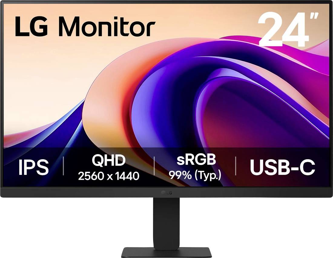 LG Monitor mit IPS-Display, QHD-Auflösung von 2560x1440, 99% sRGB-Farbraum, USB-C-Konnektivität und 24-Zoll-Bildschirm.