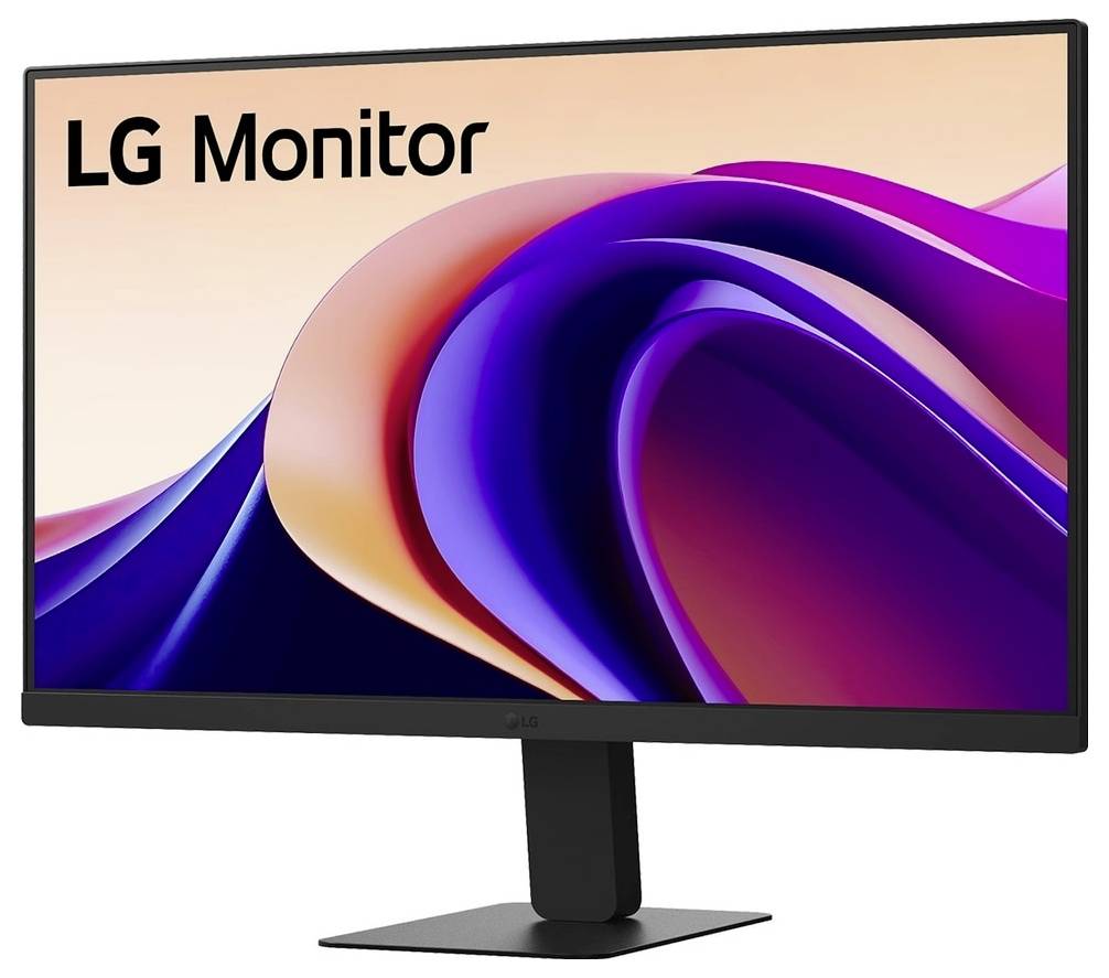 "LG Monitor" Text auf dem Bildschirm. Ein schlanker Desktop-Monitor mit einer lebhaften lila und rosa wirbelförmigen Designgestaltung, vor einem schlichten Hintergrund.