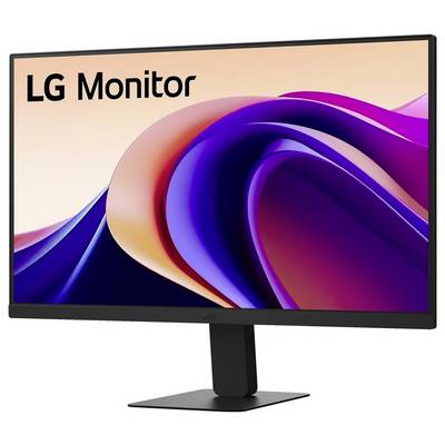 "LG Monitor" Text auf dem Bildschirm. Ein schlanker Desktop-Monitor mit einer lebhaften lila und rosa wirbelförmigen Designgestaltung, vor einem schlichten Hintergrund.