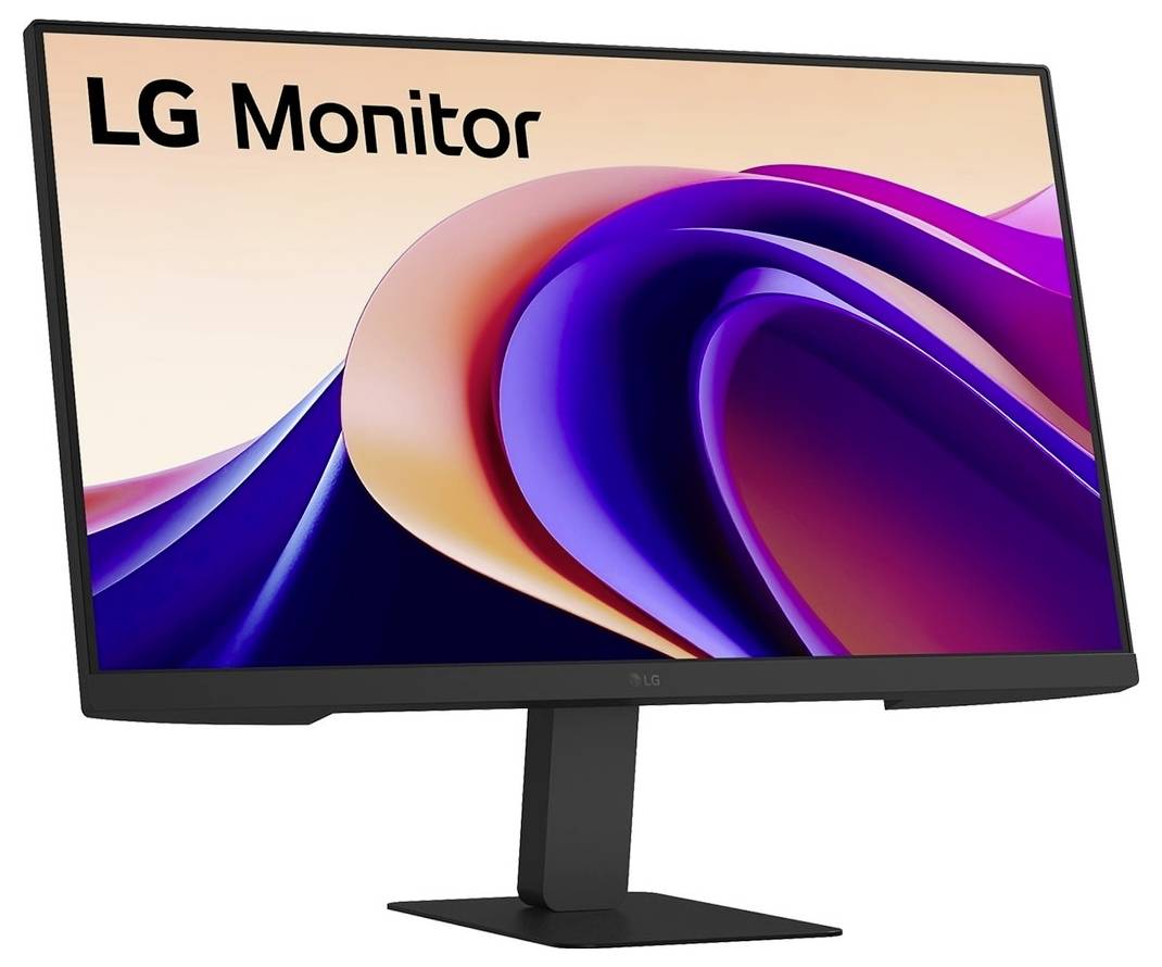 LG-Monitor, der auf einem modernen Computerbildschirm mit einem lebendigen Wellendesign angezeigt wird und das schlichte Design und die hochwertige Anzeige hervorhebt.