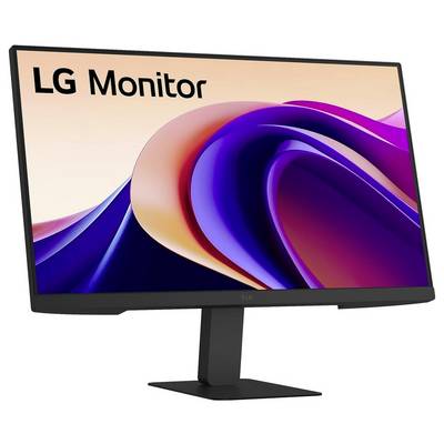 LG-Monitor, der auf einem modernen Computerbildschirm mit einem lebendigen Wellendesign angezeigt wird und das schlichte Design und die hochwertige Anzeige hervorhebt.