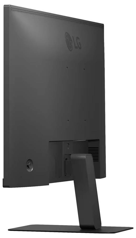 Ein schwarzer LG-Computermonitor wird aus einem Heckwinkel gezeigt, wobei sein Ständer und sein minimalistisches Design sichtbar sind.