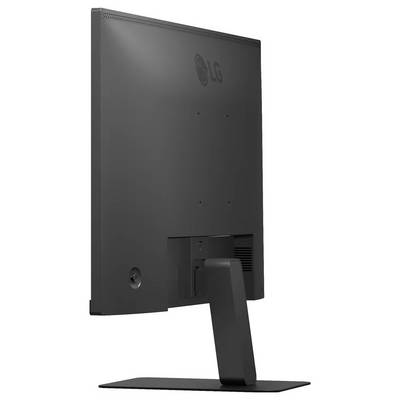 Ein schwarzer LG-Computermonitor wird aus einem Heckwinkel gezeigt, wobei sein Ständer und sein minimalistisches Design sichtbar sind.