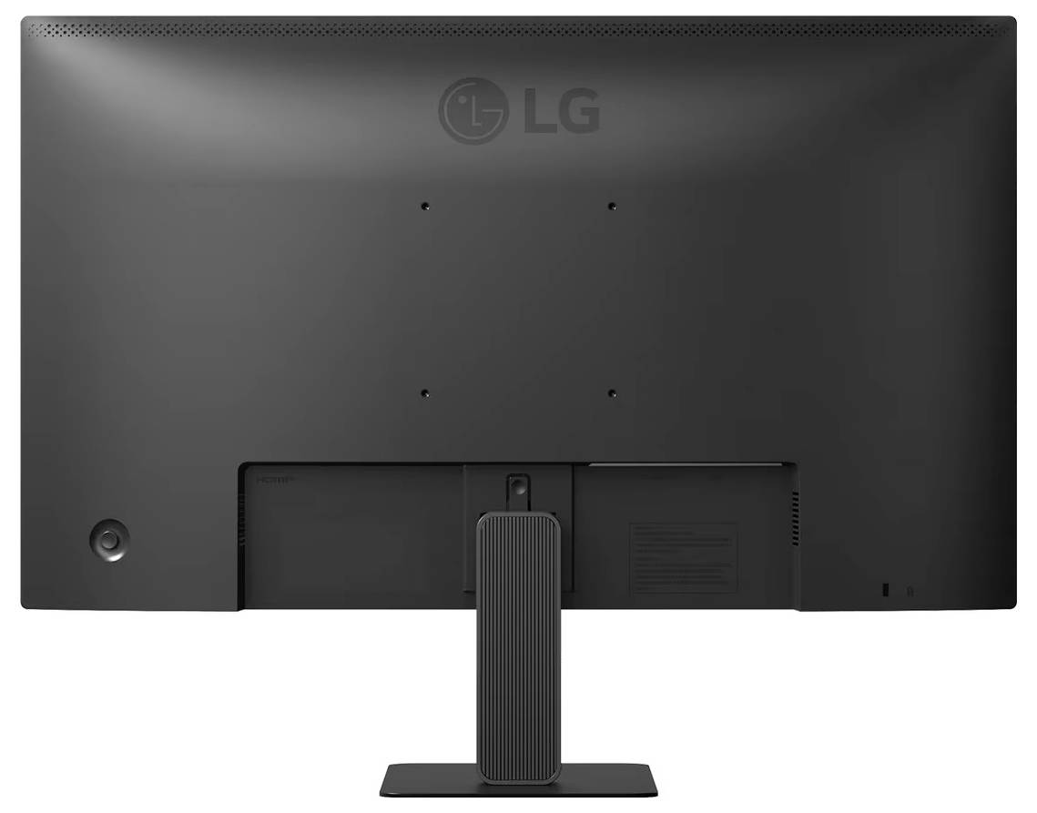 Rückansicht eines schwarzen LG-Monitors, der sein Logo zeigt. Der Bildschirm wird von einem rechteckigen Ständer getragen, der das minimalistische Design hervorhebt.