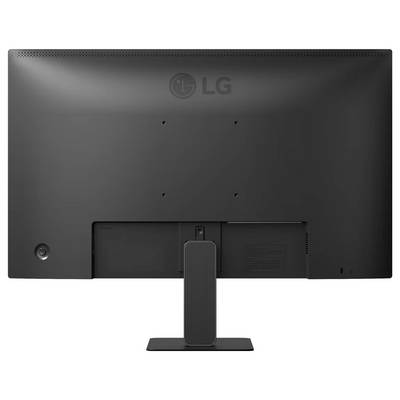 Rückansicht eines schwarzen LG-Monitors, der sein Logo zeigt. Der Bildschirm wird von einem rechteckigen Ständer getragen, der das minimalistische Design hervorhebt.