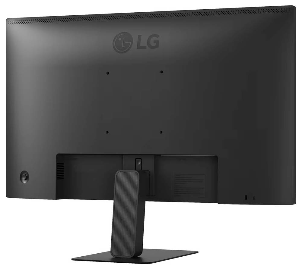 Rückansicht eines schwarzen LG-Monitors auf einem Ständer, der das Markenlogo und Befestigungspunkte zeigt, mit einem sichtbaren Einschaltknopf an der Seite.