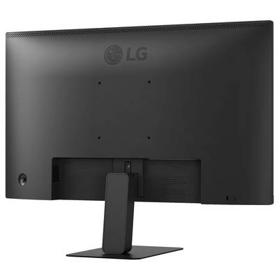 Rückansicht eines schwarzen LG-Monitors auf einem Ständer, der das Markenlogo und Befestigungspunkte zeigt, mit einem sichtbaren Einschaltknopf an der Seite.