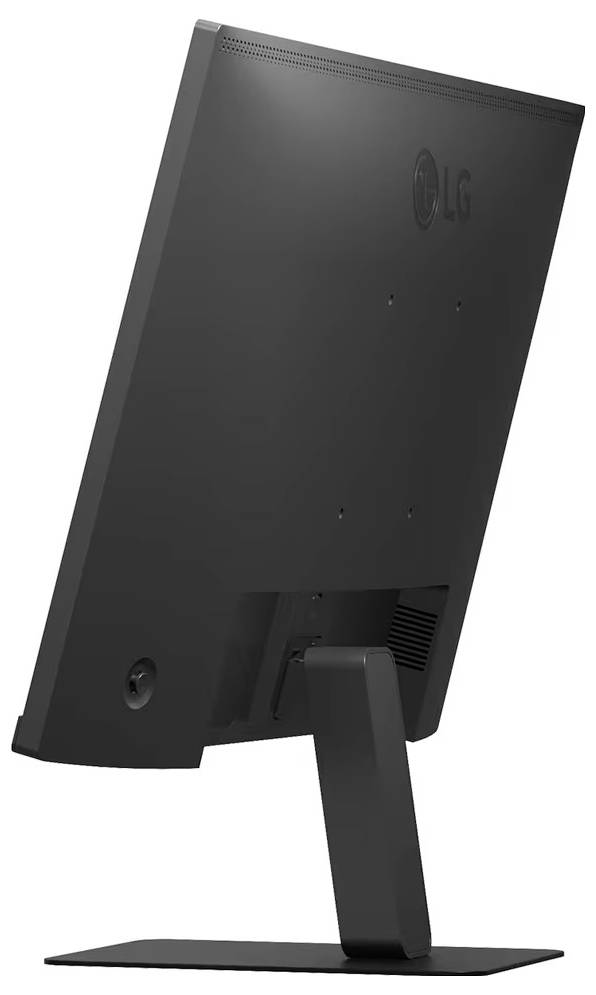 Eine Seitenansicht eines schwarzen LG-Computermonitors auf einem Ständer, leicht nach links geneigt.