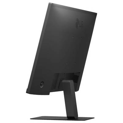 Eine Seitenansicht eines schwarzen LG-Computermonitors auf einem Ständer, leicht nach links geneigt.