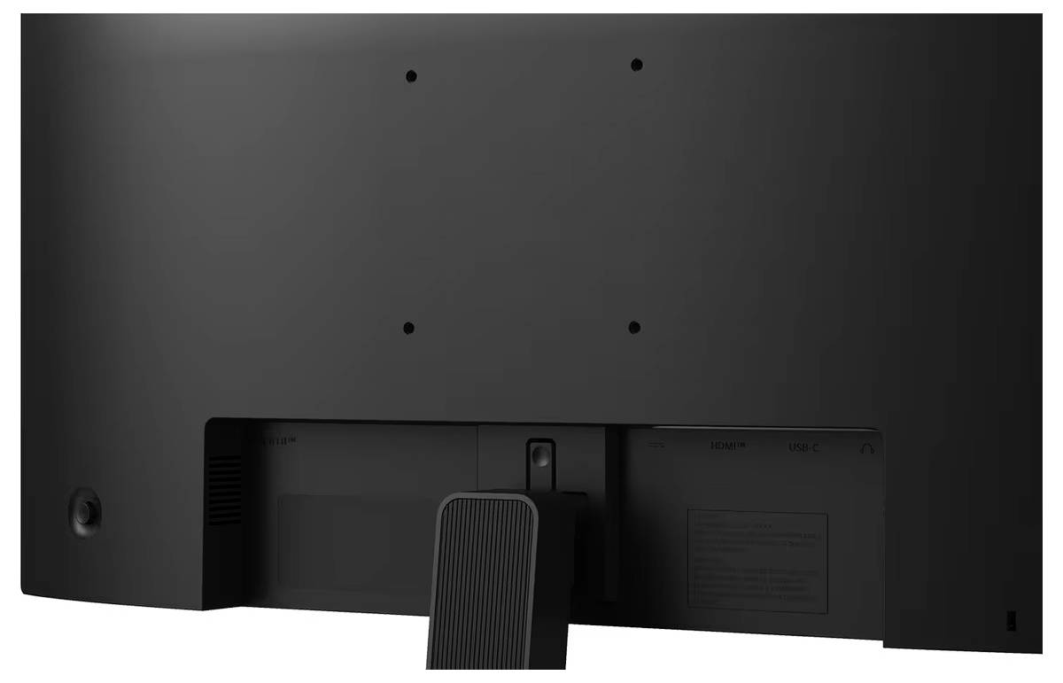 Das Bild zeigt die Rückseite eines schwarzen Monitors mit einem Ständer. Es verfügt über Befestigungslöcher und Anschlüsse für die Konnektivität, einschließlich HDMI und Stromanschluss.