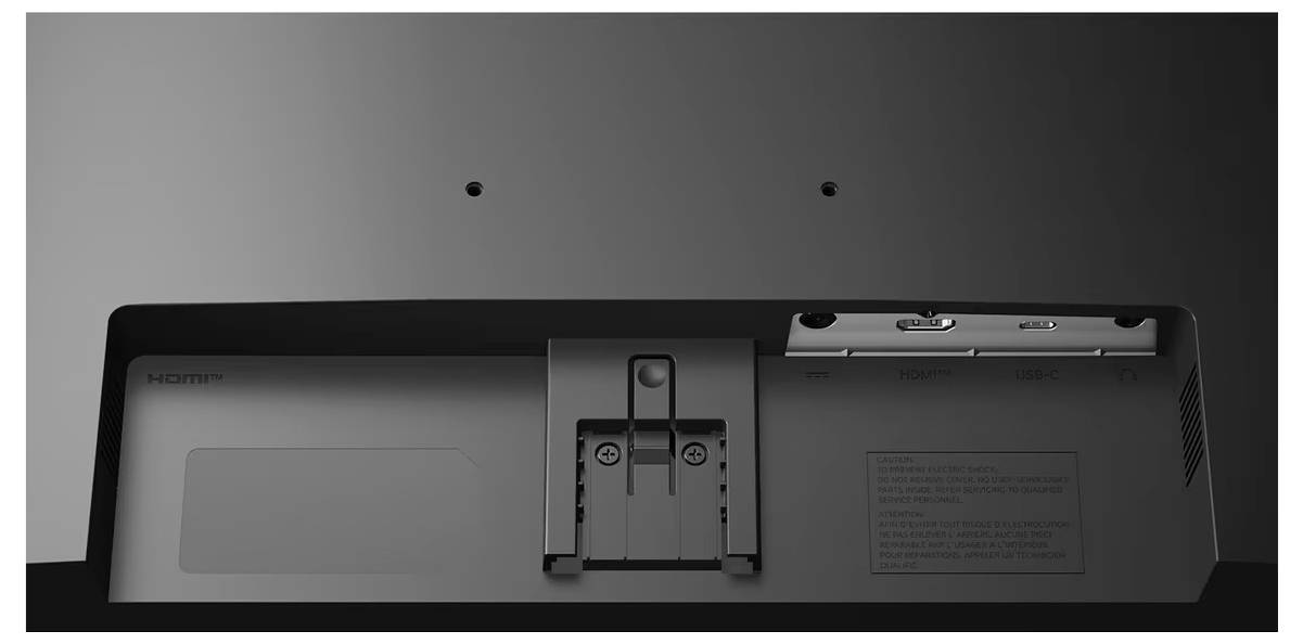 Rückansicht eines Monitors mit sichtbaren Anschlüssen, einschließlich HDMI, Stromanschluss und Montagehalterung zur Befestigung.