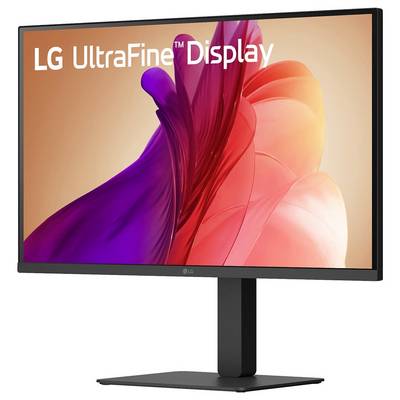 Ein Monitor zeigt abstrakte lila und orange Formen, wobei der Text 'LG UltraFine Display' oben steht und die Marke und das Modell angibt.