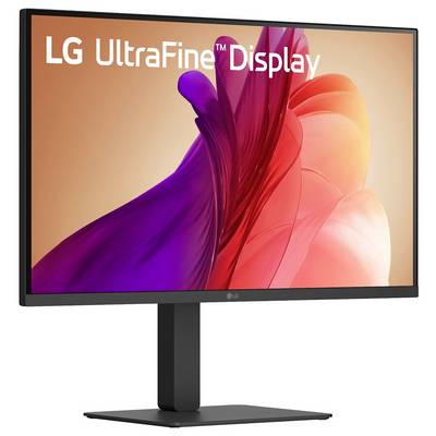 Ein hochauflösendes LG UltraFine Display mit minimalistischem Design und leuchtender abstrakter Tapete auf dem Bildschirm, der die Farbqualität hervorhebt.