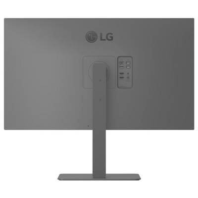Die Rückseite eines grauen Computermonitors, der verschiedene Eingangsbuchsen einschließlich HDMI, USB und Stromverbindung zeigt.