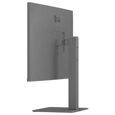 Eine Seitenansicht eines LG-Computermonitors auf einem rechteckigen Ständer, der das Rückpanel und das Logo zeigt. Das Design ist schlank und modern.
