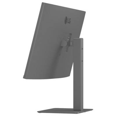 Eine Seitenansicht eines LG-Computermonitors auf einem Ständer, die seine Neigungsfähigkeit und sein schlankes Profil zeigt.