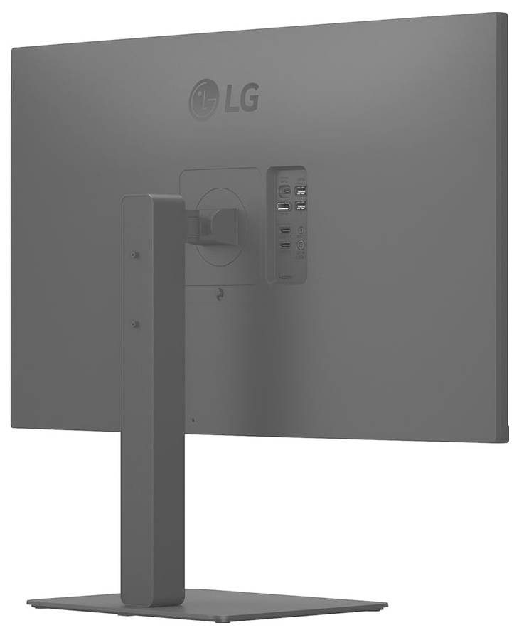 Rückansicht eines LG-Monitors mit verstellbarem Ständer und verschiedenen Anschlüssen auf der rechten Seite, einschließlich HDMI- und USB-Anschlüssen.