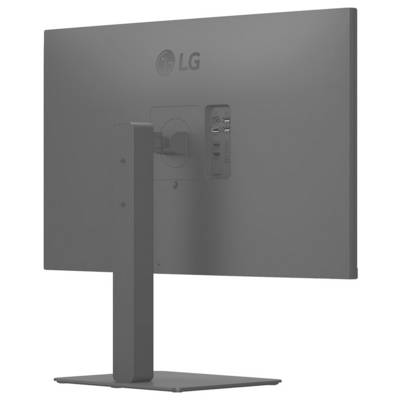 Rückansicht eines LG-Monitors mit verstellbarem Ständer und verschiedenen Anschlüssen auf der rechten Seite, einschließlich HDMI- und USB-Anschlüssen.