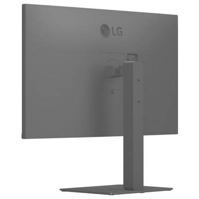 Rückansicht eines LG-Computermonitors auf einem Ständer, die das Rückpanel und das verstellbare Standdesign zeigt.