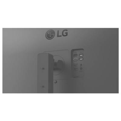 Das Bild zeigt die Rückseite eines LG-Monitors mit verschiedenen Anschlüssen, darunter USB und HDMI, die hervorgehoben sind.