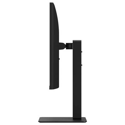 Ein dünner, schwarzer Flachbildschirm wird von der Seite gezeigt, wobei sein schlankes Design hervorgehoben wird. Er ist auf einem stabilen rechteckigen Ständer montiert.