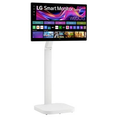 Ein stehender LG Smart Monitor mit webOS-Benutzeroberfläche, auf dem verschiedene App-Symbole wie Netflix, YouTube und Apple TV angezeigt werden.