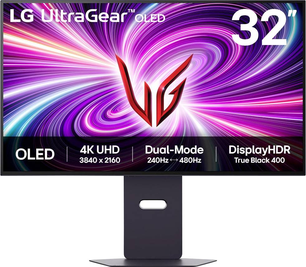 32-Zoll LG UltraGear OLED-Gaming-Monitor, der wirbelnde farbenfrohe Muster zeigt, mit 4K UHD, Dual-Modus 240Hz-480Hz und DisplayHDR 400.