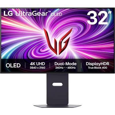 32-Zoll LG UltraGear OLED-Gaming-Monitor, der wirbelnde farbenfrohe Muster zeigt, mit 4K UHD, Dual-Modus 240Hz-480Hz und DisplayHDR 400.