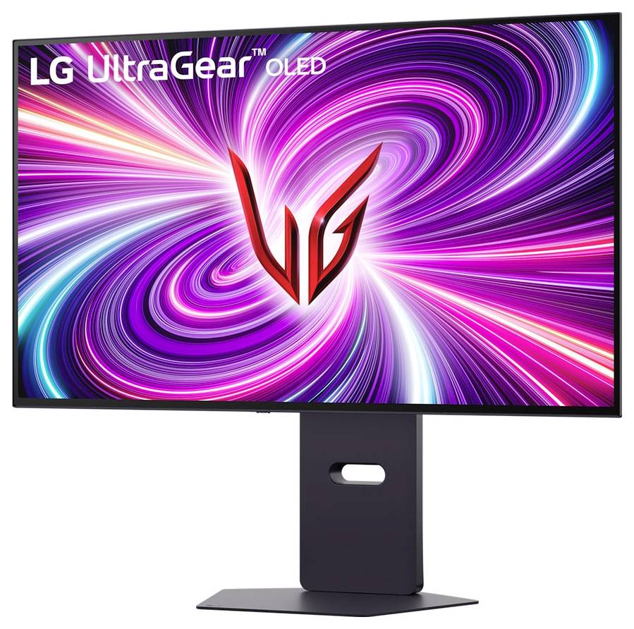 Ein Monitor, der leuchtende Wirbel in Lila, Pink und Weiß zeigt, mit der Beschriftung "LG UltraGear OLED" und einem Logo.