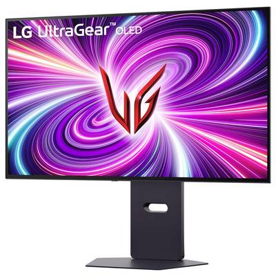 Ein Monitor, der leuchtende Wirbel in Lila, Pink und Weiß zeigt, mit der Beschriftung "LG UltraGear OLED" und einem Logo.