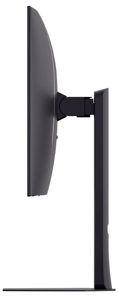 Seitenansicht eines dünnen, modernen Computermonitors auf einem Ständer, der sein schlankes und minimalistisches Design hervorhebt.
