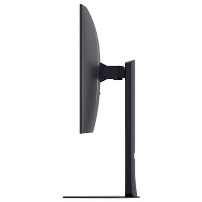Seitenansicht eines dünnen, modernen Computermonitors auf einem Ständer, der sein schlankes und minimalistisches Design hervorhebt.