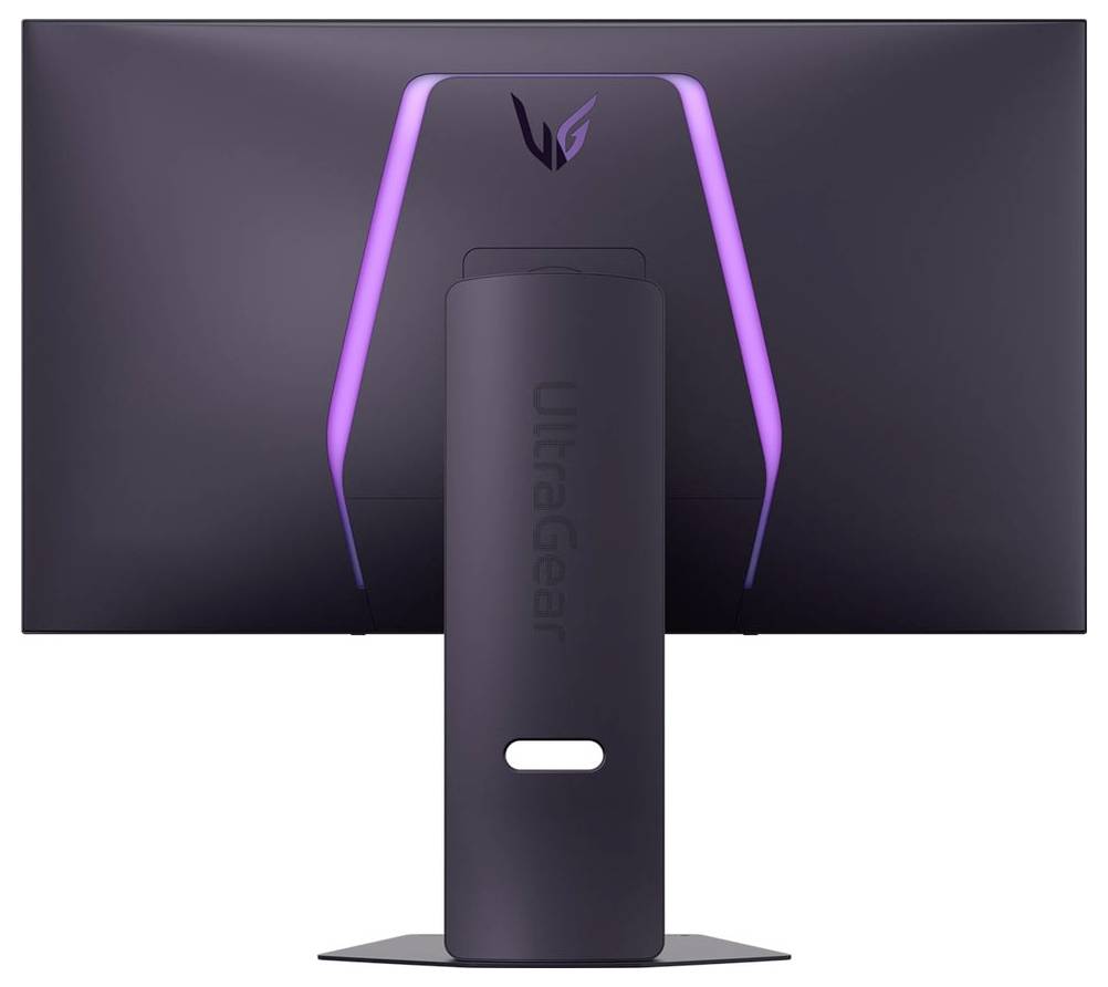 Ein Gaming-Monitor von hinten betrachtet, mit elegantem Design und violetter LED-Beleuchtung, sowie dem 'UltraGear'-Logo am Ständer.