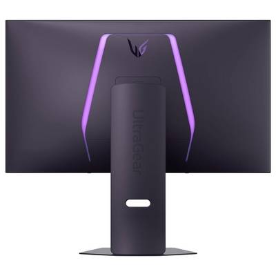 Ein Gaming-Monitor von hinten betrachtet, mit elegantem Design und violetter LED-Beleuchtung, sowie dem 'UltraGear'-Logo am Ständer.