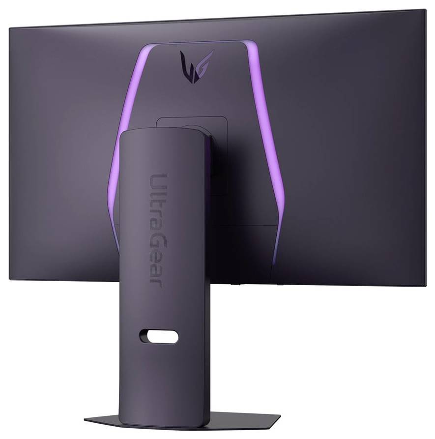 Das Bild zeigt die Rückseite eines gebogenen, schlanken Monitors mit dem 'UltraGear' Logo und violetter LED-Beleuchtung entlang des Umrands.